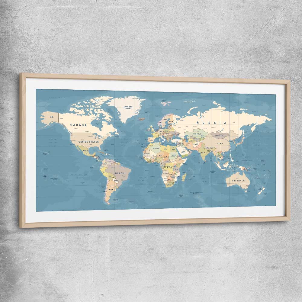 World Map raw oak glass front frame is a high quality print in our city skyline, travel prints and maps collection