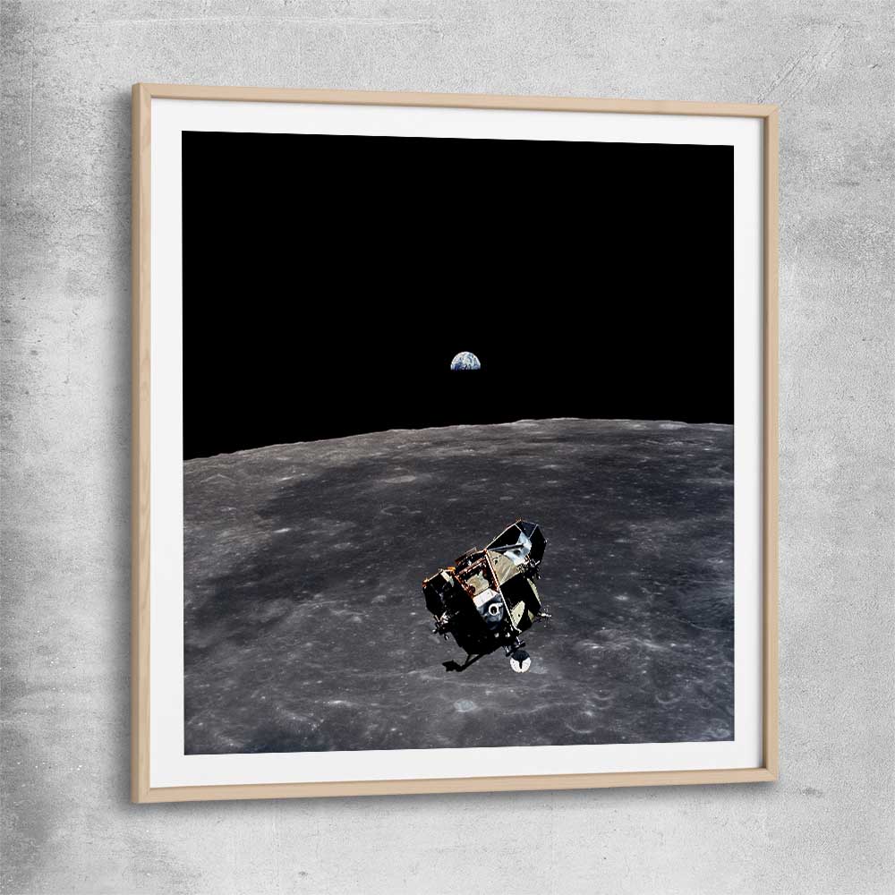 Space prints and wall art of Apollo 11 Earthrise with raw oak glass front frame