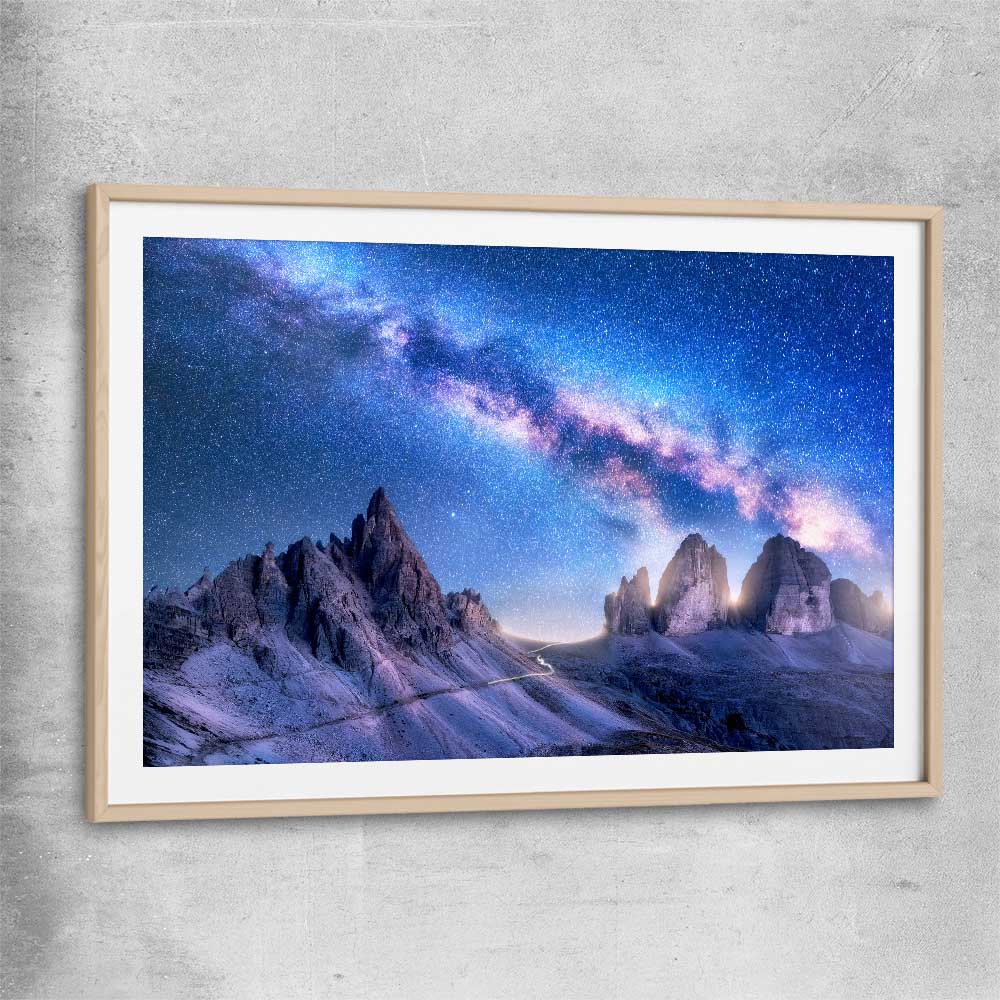 Space prints and wall art of Bright Milky Way with raw oak glass front frame