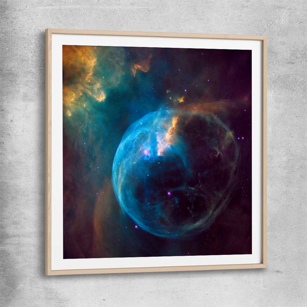 Space prints and wall art of Bubble Nebula with raw oak glass front frame