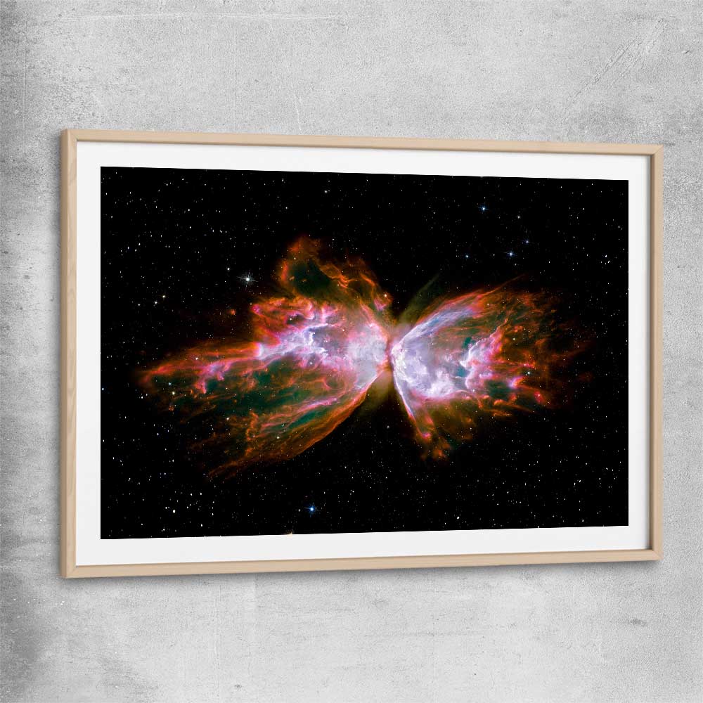 Space prints and wall art of Butterfly Nebula with raw oak glass front frame