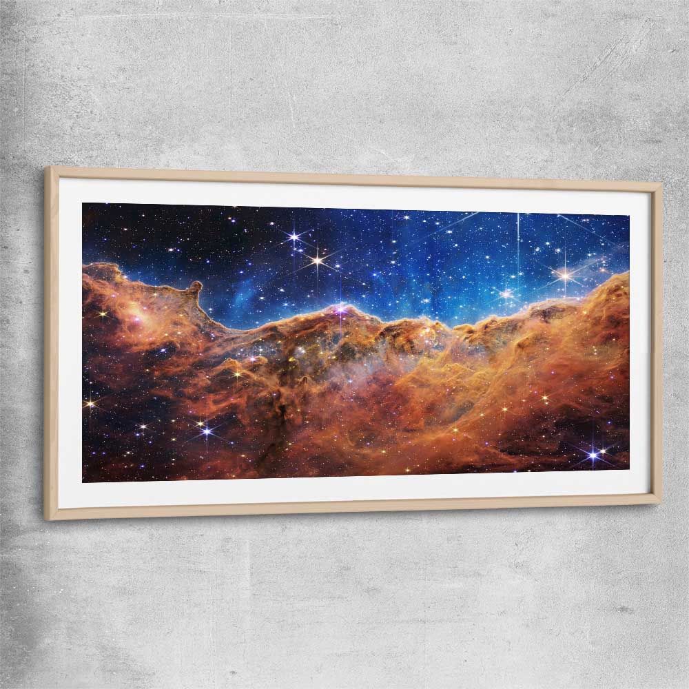 Space prints and wall art of Carina Nebula with raw oak glass front frame