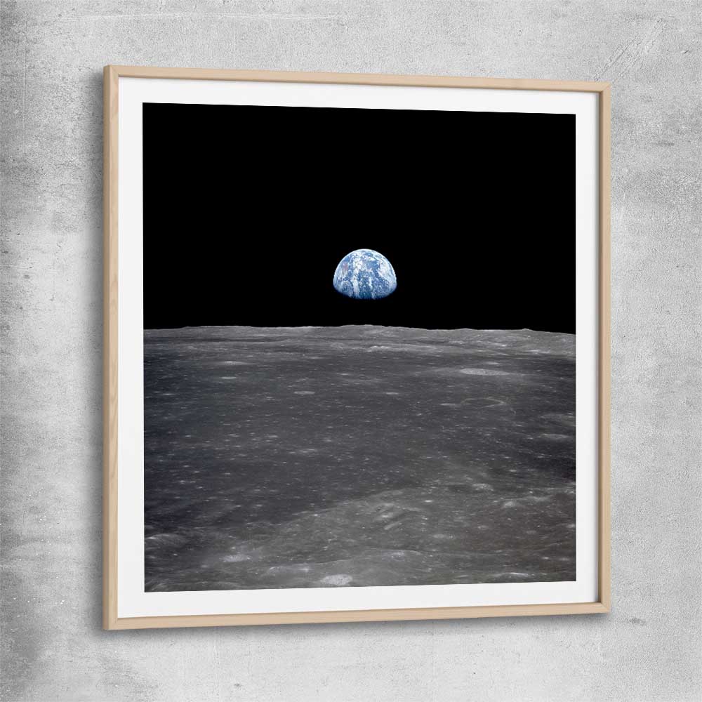 Space prints and wall art of Earthrise with raw oak glass front frame