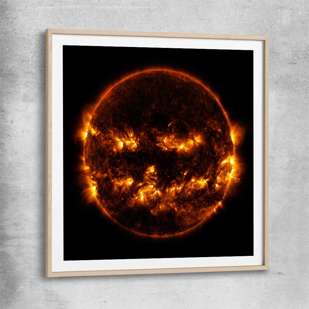 Space prints and wall art of Halloween Sun with raw oak glass front frame