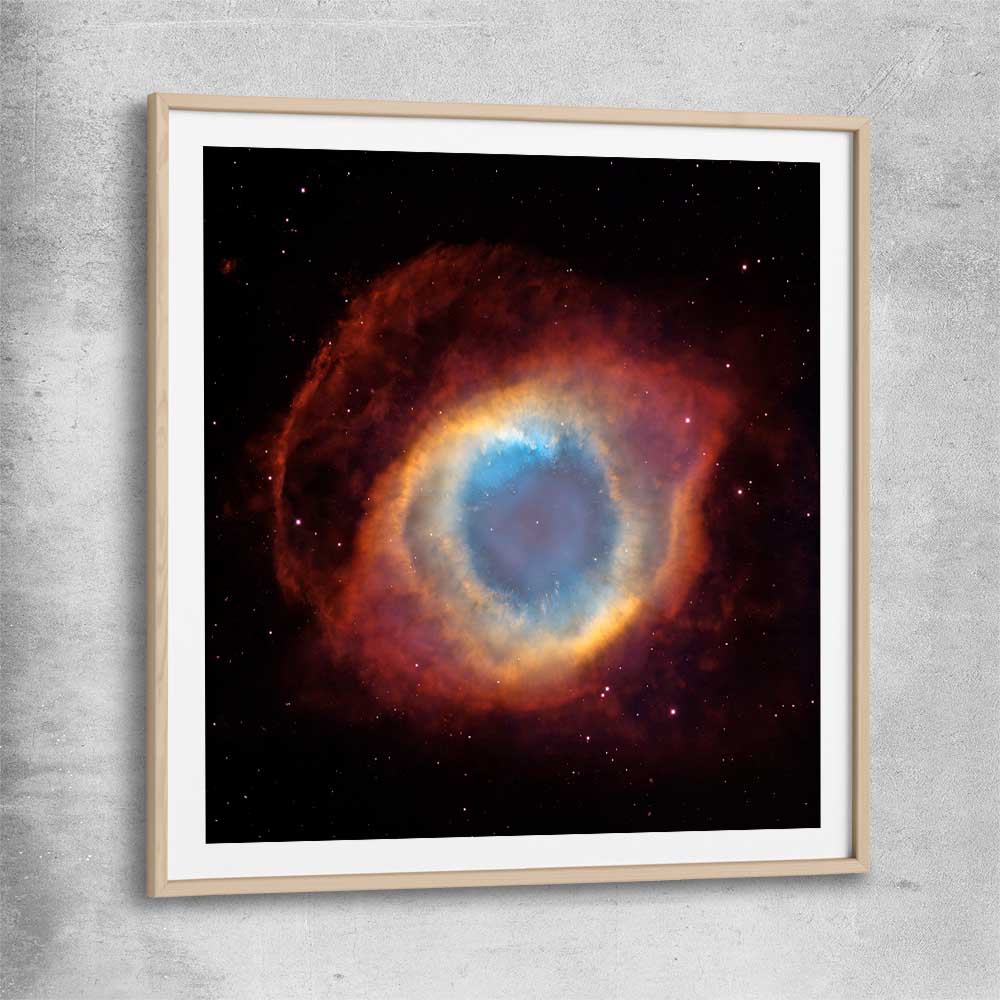 Space prints and wall art of Helix Nebula with raw oak glass front frame