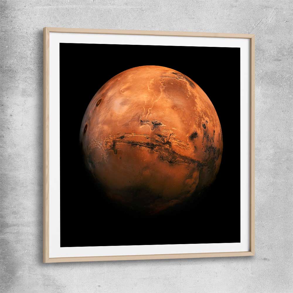 Space prints and wall art of Mars Hemisphere with raw oak glass front frame