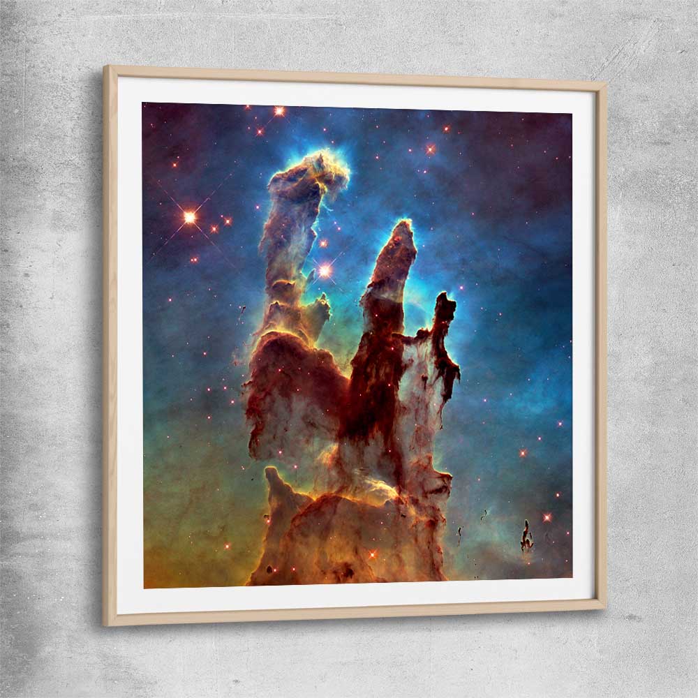 Space prints and wall art of Pillars of Creation with raw oak glass front frame