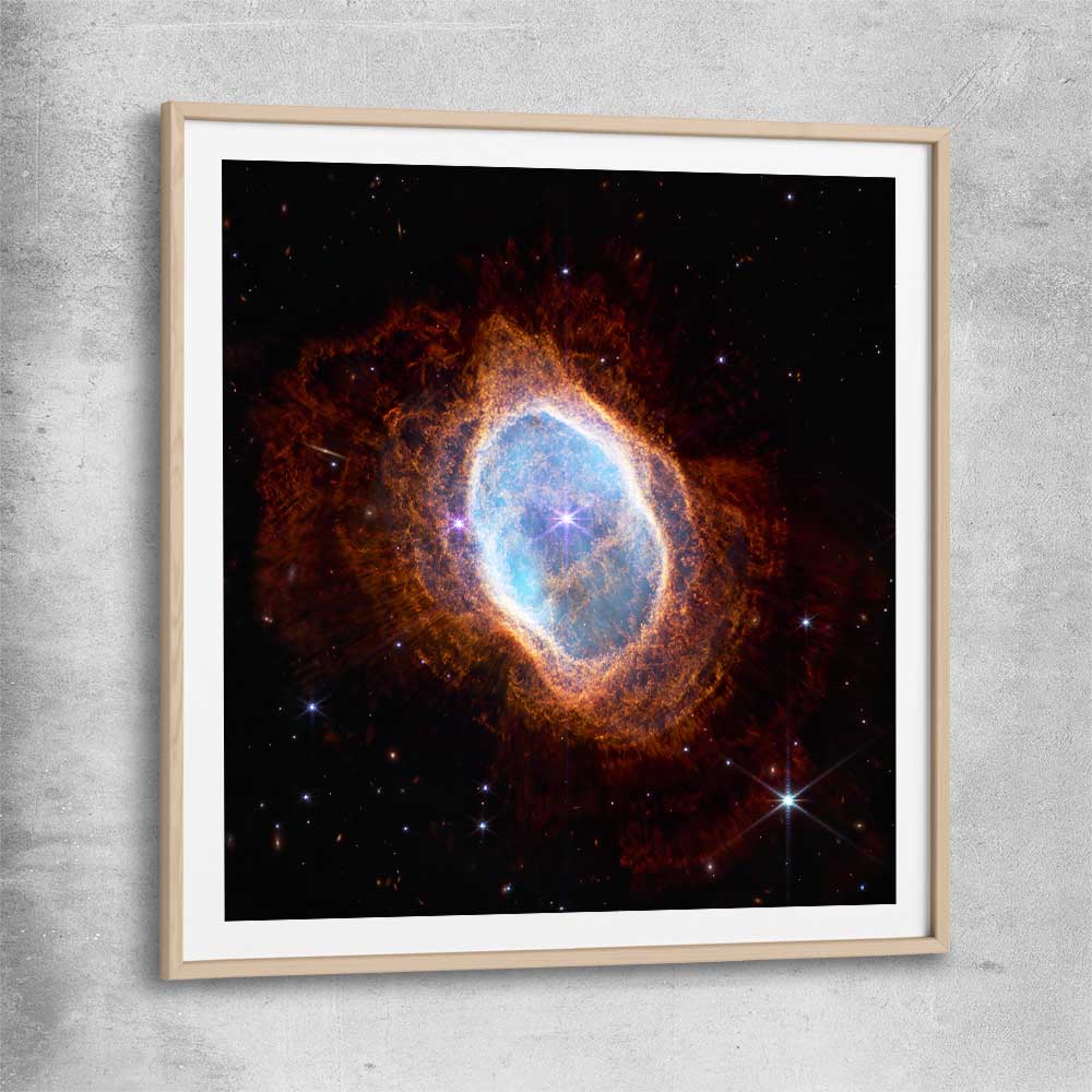 Space prints and wall art of Southern Ring Nebula with raw oak glass front frame