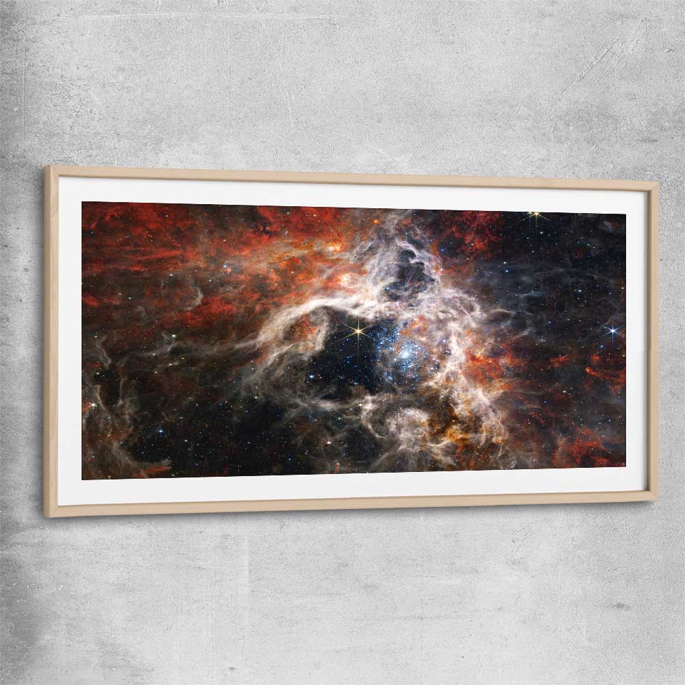 Space prints and wall art of Tarantula Nebula with raw oak glass front frame
