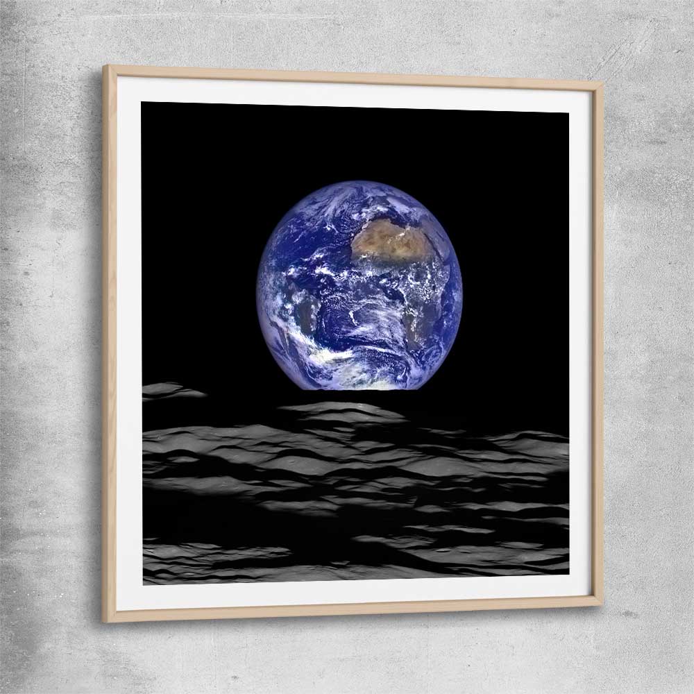 Space prints and wall art of The Earth with raw oak glass front frame