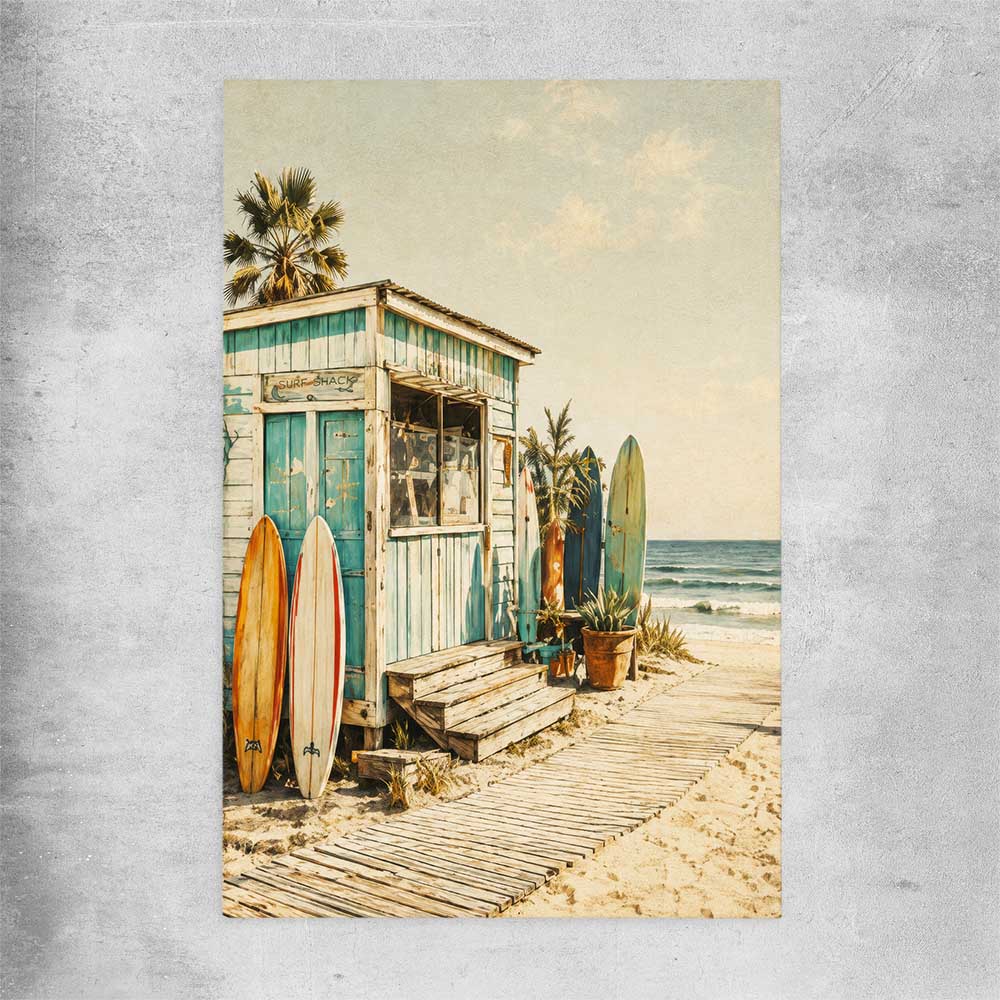 Beach and coastal wall art print of Seaside Surf Shack on a rolled print