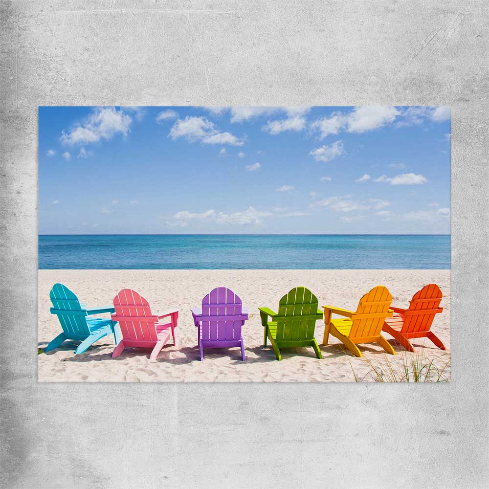Beach and coastal wall art print of Pastel Chairs on a rolled print