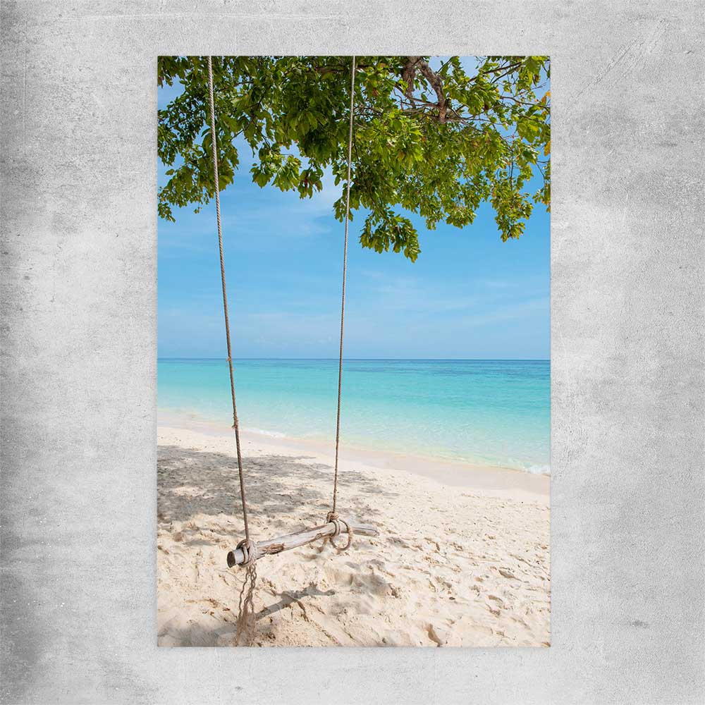 Beach and coastal wall art print of Pristine Beach Swing on a rolled print