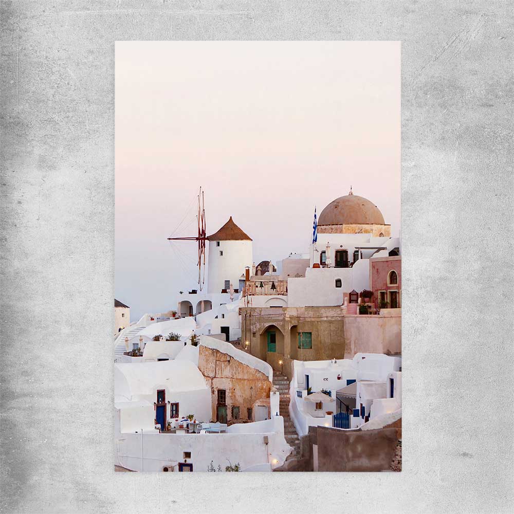 Beach and coastal wall art print of Santorini Windmill on a rolled print