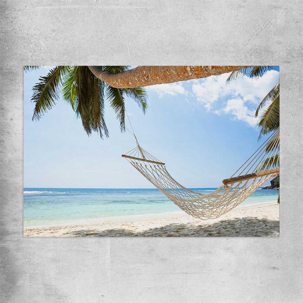 Beach and coastal wall art print of Seychelles Hammock on a rolled print