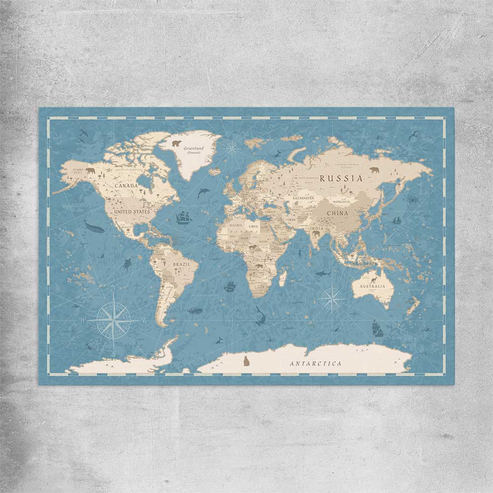 Education Map Blue rolled print is a nursery canvas wall art and print suited for childrens nursery area
