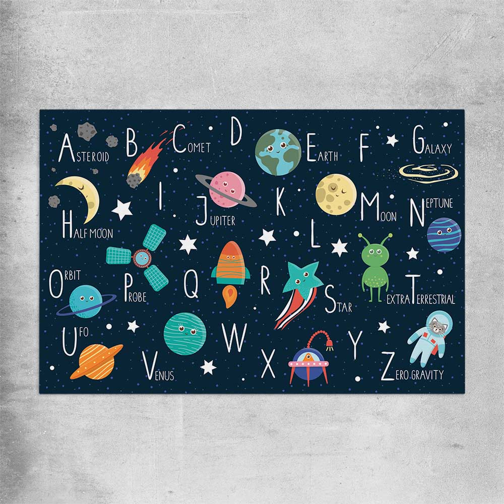 Space Alphabet rolled print is a nursery canvas wall art and print suited for childrens nursery area