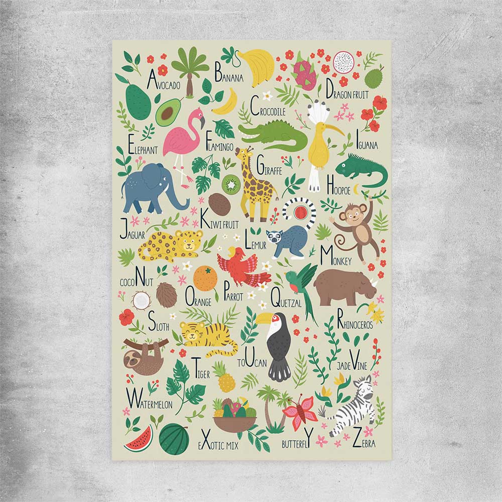 Tropical Alphabet Light rolled print is a nursery canvas wall art and print suited for childrens nursery area