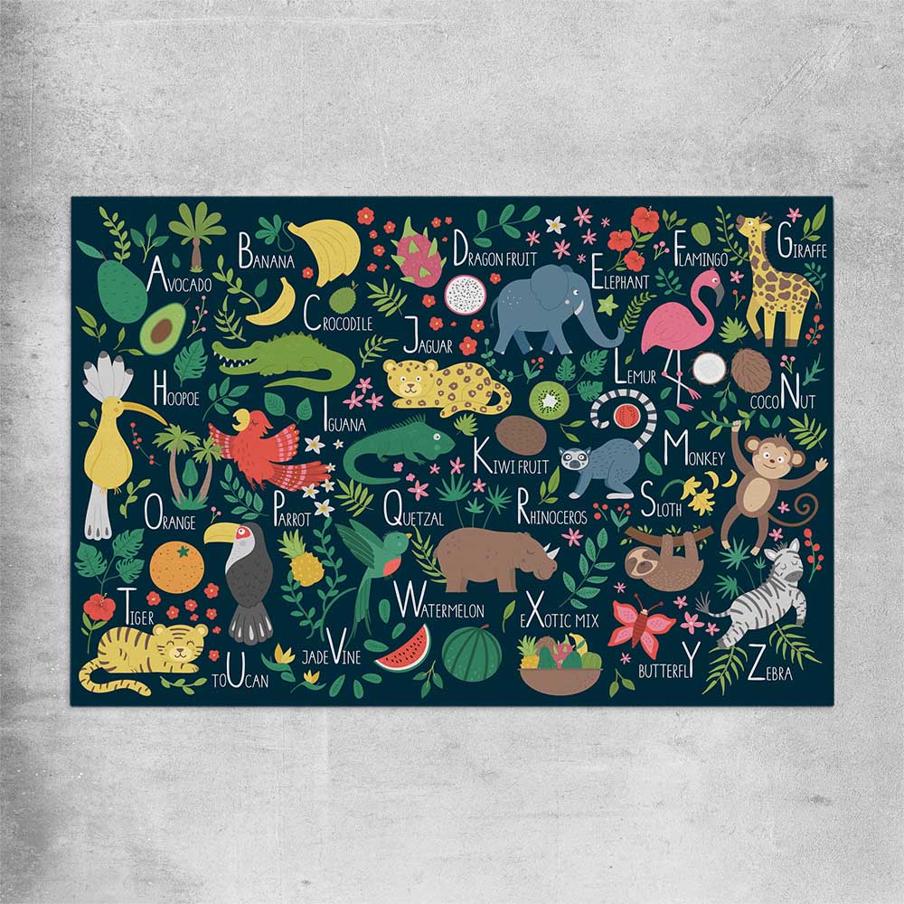 Tropical Alphabet rolled print is a nursery canvas wall art and print suited for childrens nursery area