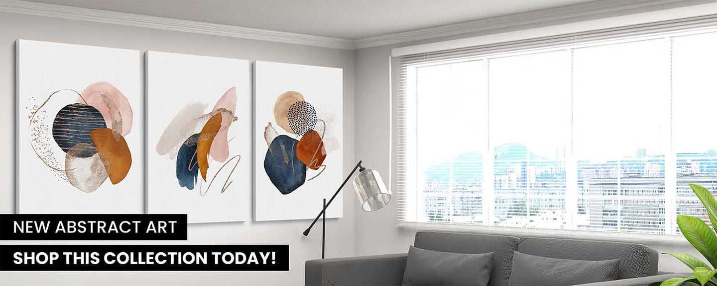 Desktop homepage banner, three abstract art pieces on a wall