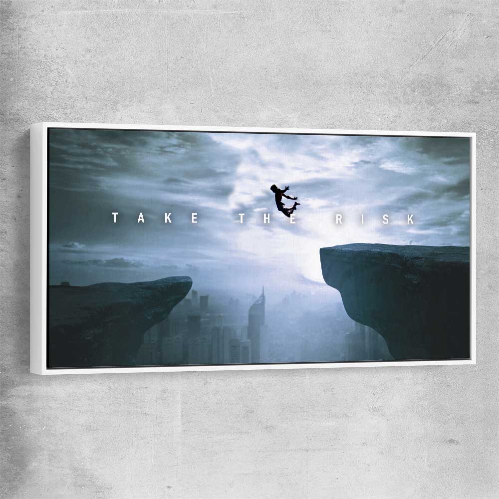Inspirational wall art print of Risk It with white framed canvas