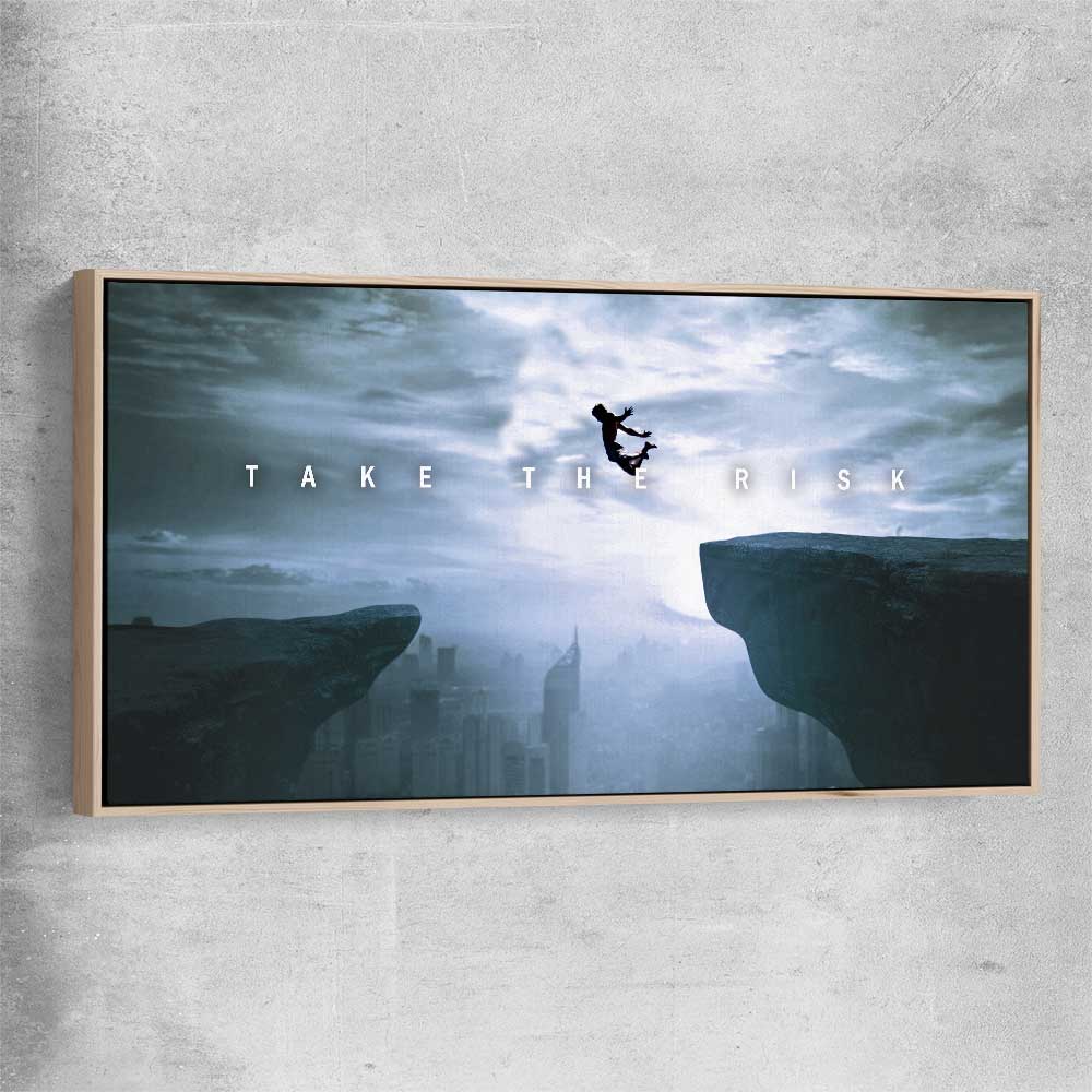 Inspirational wall art print of Risk It with raw oak framed canvas