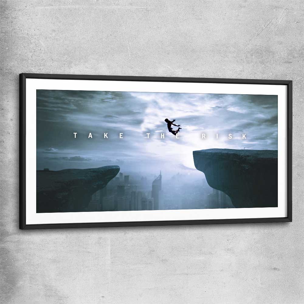 Inspirational wall art print of Risk It with black glass front frame