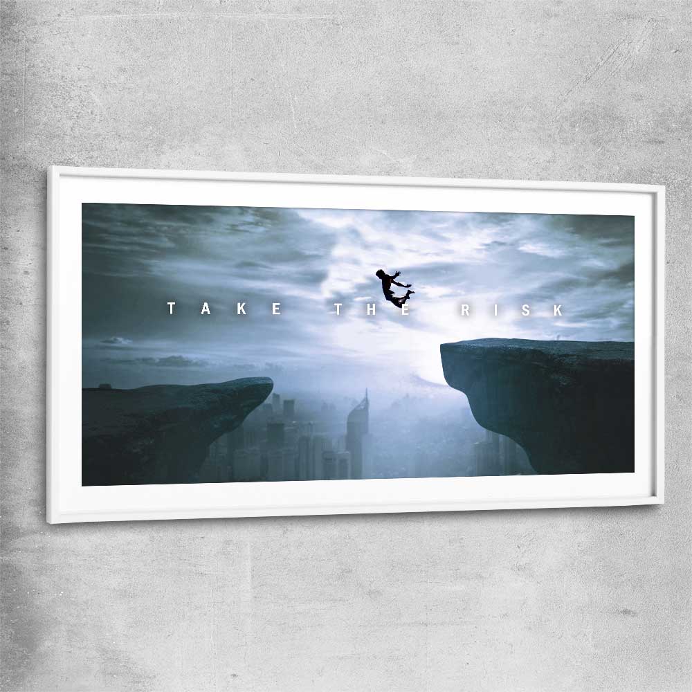 Inspirational wall art print of Risk It with white glass front frame