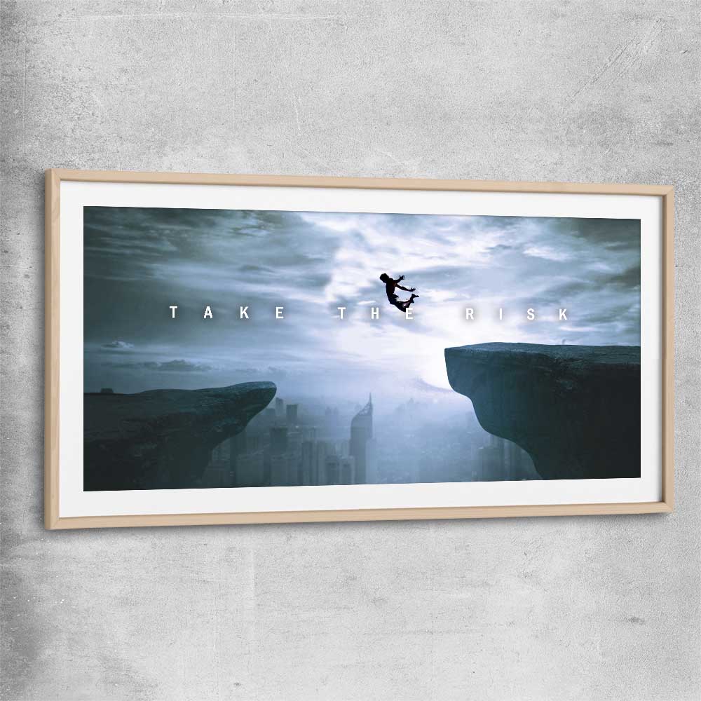 Inspirational wall art print of Risk It with raw oak glass front frame