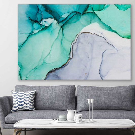 Aqua Blue stretched canvas displayed in a room - part of our high quality canvas abstract wall art collection