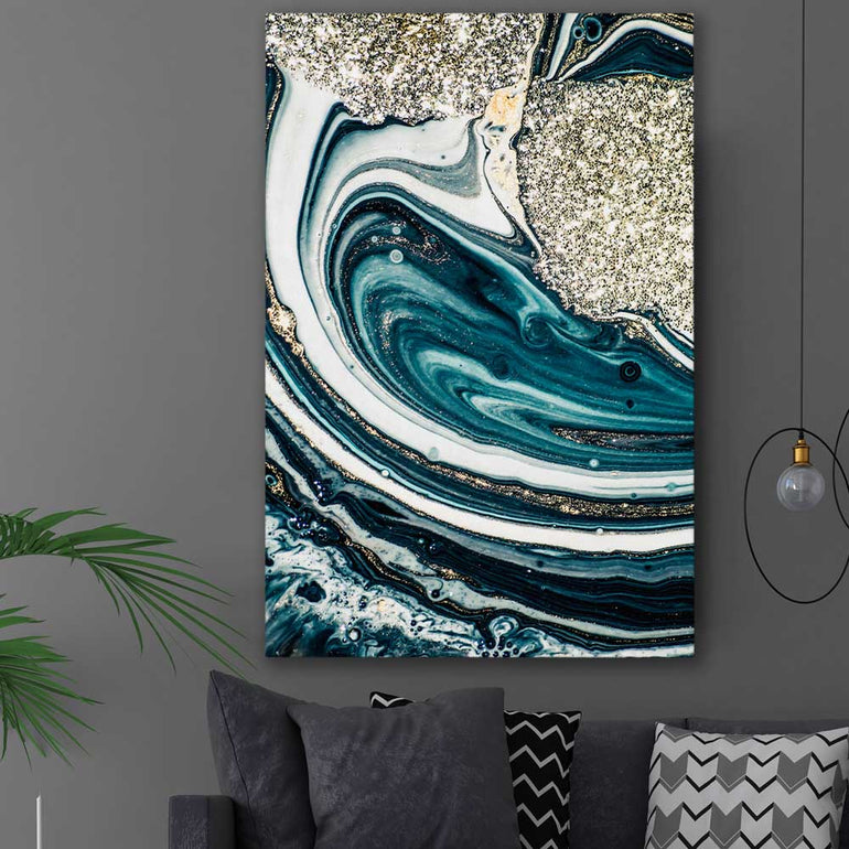 Aqua Swirls stretched canvas displayed in a room - part of our high quality canvas abstract wall art collection