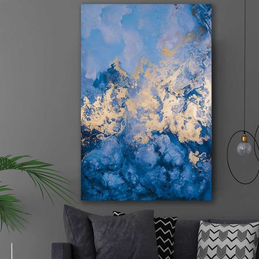 Blue and Gold Flow stretched canvas displayed in a room - part of our high quality canvas abstract wall art collection