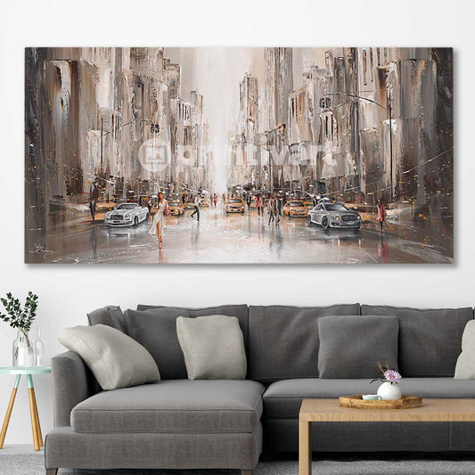 City Life, New York stretched canvas displayed in a room - part of our high quality canvas abstract wall art collection