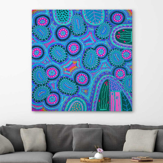 Colours are Encryptic stretched canvas displayed in a room - part of our high quality canvas abstract wall art collection