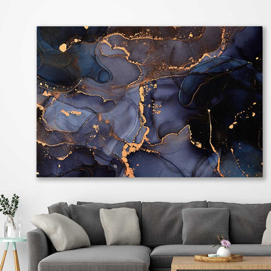 Deep Blue Veins stretched canvas displayed in a room - part of our high quality canvas abstract wall art collection
