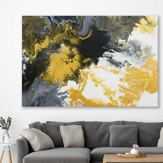 Gold Splash stretched canvas displayed in a room - part of our high quality canvas abstract wall art collection