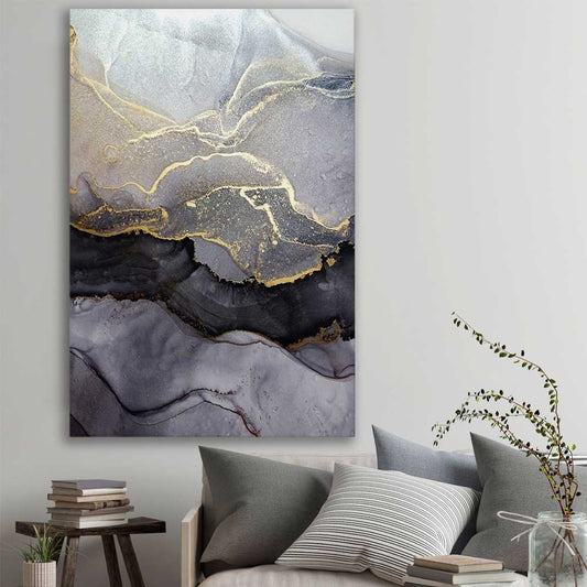 Gold Strokes stretched canvas displayed in a room - part of our high quality canvas abstract wall art collection