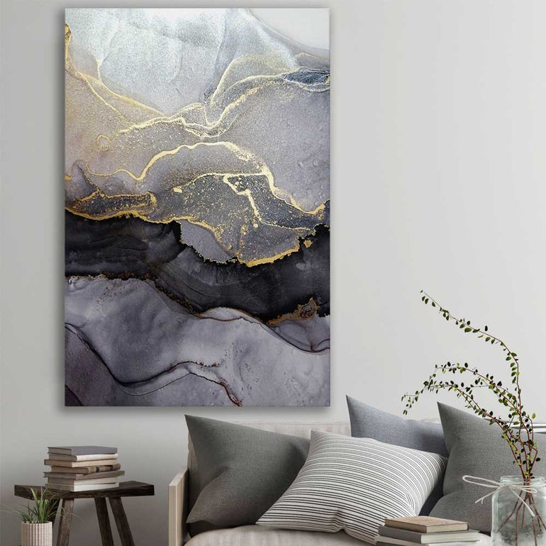 Gold Strokes stretched canvas displayed in a room - part of our high quality canvas abstract wall art collection