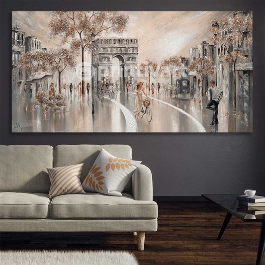 Golden Glimpse, Paris stretched canvas displayed in a room - part of our high quality canvas abstract wall art collection
