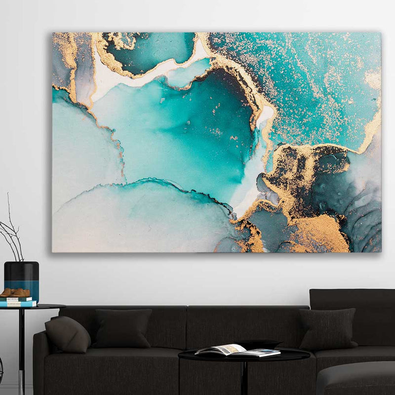 Meandering Turquoise stretched canvas displayed in a room - part of our high quality canvas abstract wall art collectionstretched canvas displayed in a room - part of our high quality canvas abstract wall art collection