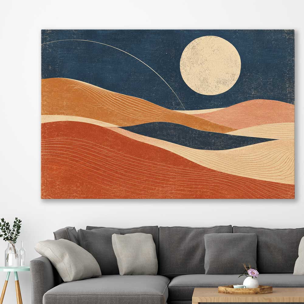 Moonlit Indigo Dunes stretched canvas displayed in a room - part of our high quality canvas abstract wall art collection