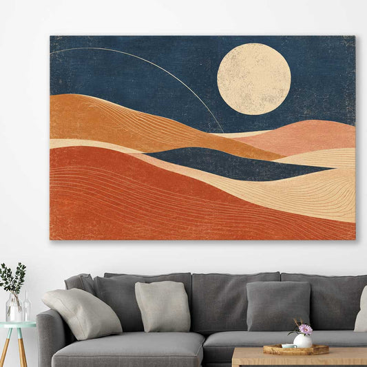 Moonlit Indigo Dunes stretched canvas displayed in a room - part of our high quality canvas abstract wall art collection