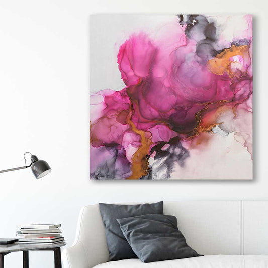 Pink Burst stretched canvas displayed in a room - part of our high quality canvas abstract wall art collection