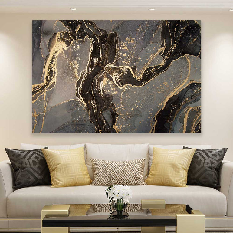 Golden Drift stretched canvas displayed in a room - part of our high quality canvas abstract wall art collection