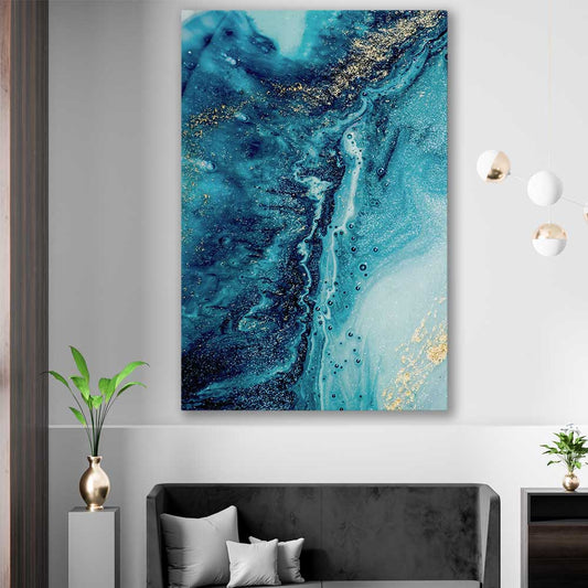 Turquoise Current stretched canvas displayed in a room - part of our high quality canvas abstract wall art collection