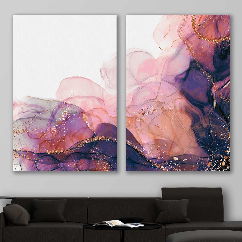 Violet Haze Pair stretched canvas displayed in a room - part of our high quality canvas abstract wall art collection