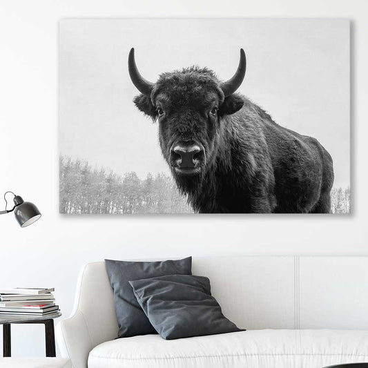 Animal wall art and canvas prints of Buffalo Gaze on a stretched canvas displayed in a room