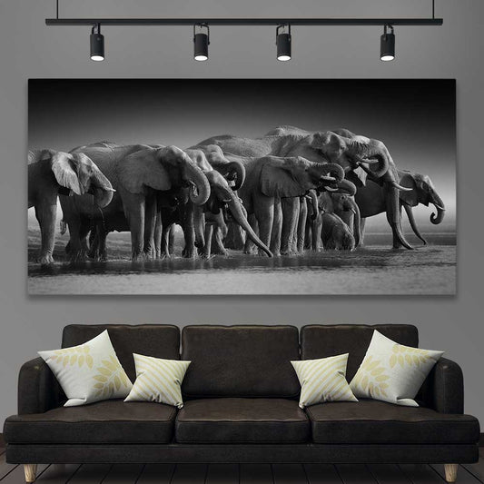 Animal wall art and canvas prints of Elephant Herd on a stretched canvas displayed in a room