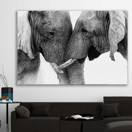 Animal wall art and canvas prints of Elephant Love on a stretched canvas displayed in a room