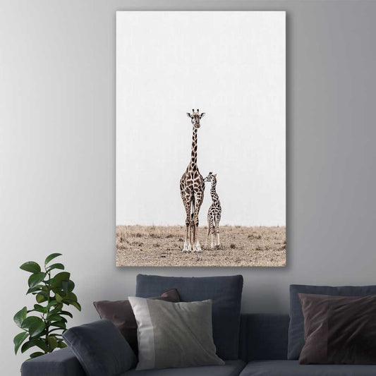 Animal wall art and canvas prints of Giraffe Affection on a stretched canvas displayed in a room